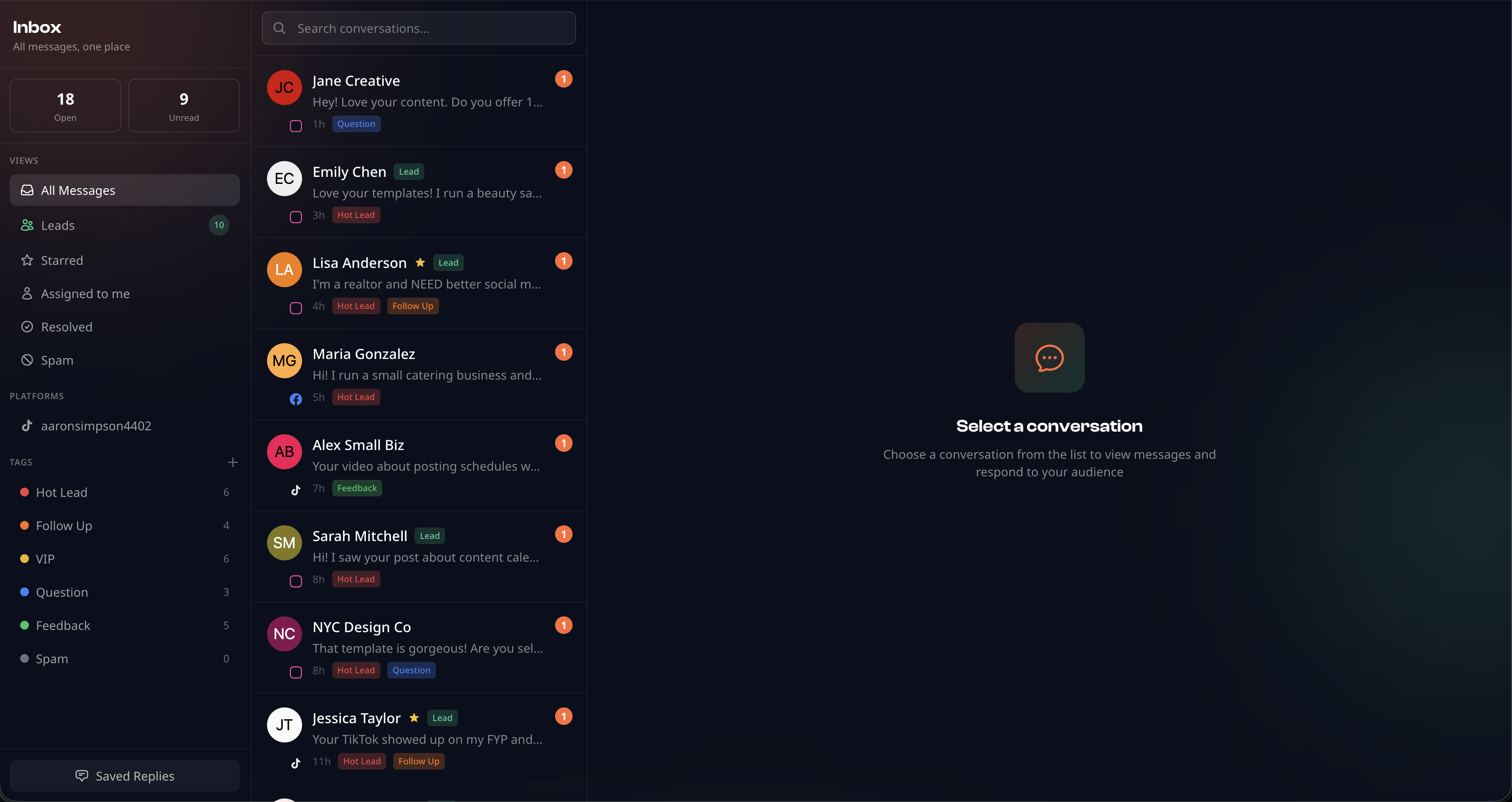 PostChime inbox showing captured leads with names, messages, and contact details